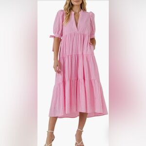 English Factory Gingham Tiered Midi Dress in Pink